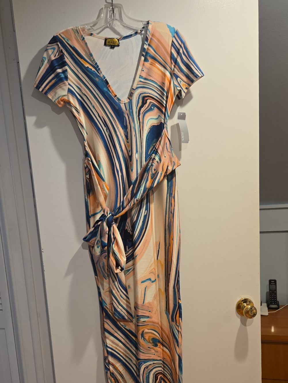 Fox Marble-Print V-Neck Wrap Dress - Navy, Peach, Cream